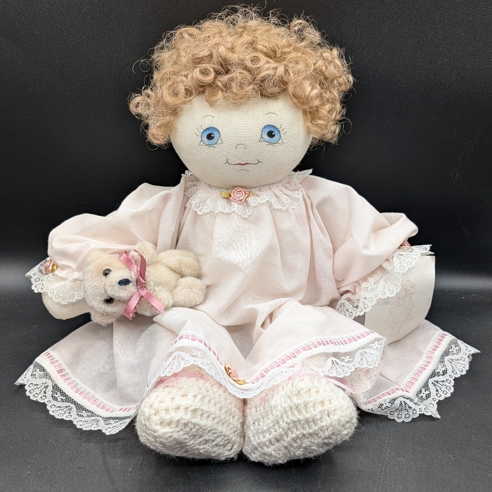 Vintage 70s Handmade Cloth Baby Girl Doll, Made In USA